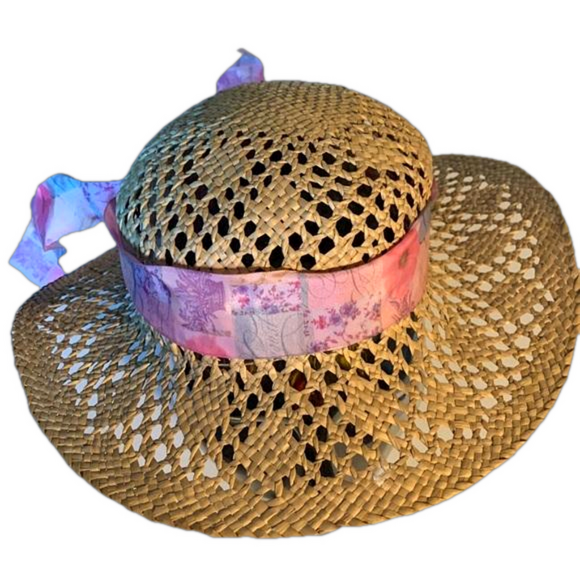 Straw woven sun hat pink ribbon - Picture 1 of 5